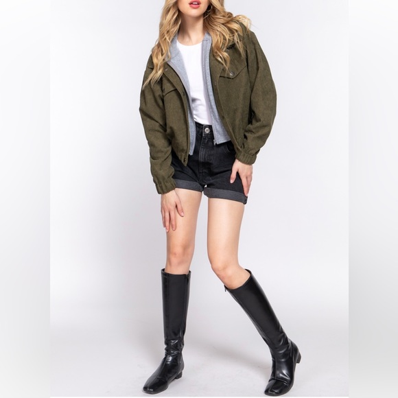 CHICBOMB Jackets & Blazers - HOODIE CORDUROY BOMBER JACKET - ARMY OLIVE